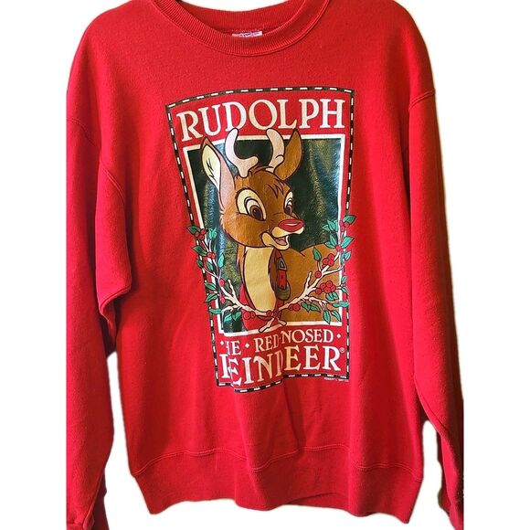 Vintage Rudolph Red Nosed Reindeer Sweatshirt Mens Large Christmas 90s Hanes Vtg - Picture 1 of 10